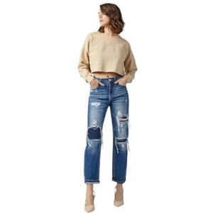Risen Women's Distressed Patched Blue Boyfriend Cropped Jeans Size 31